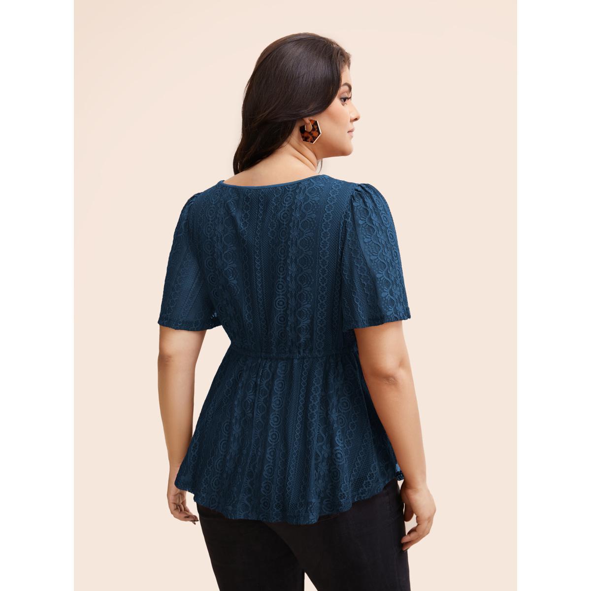 Plus Size DarkGreen V Neck Lace Panel Drawstring Blouse Women Elegant Short sleeve V-neck Everyday Blouses BloomChic 30/6X Product Image