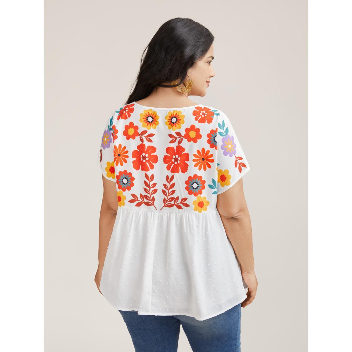 Plus Size WhiteSmoke Floral Print Neck-Tie Babydoll Top Women Resort Short sleeve Non Vacation Blouses BloomChic 10/M Product Image