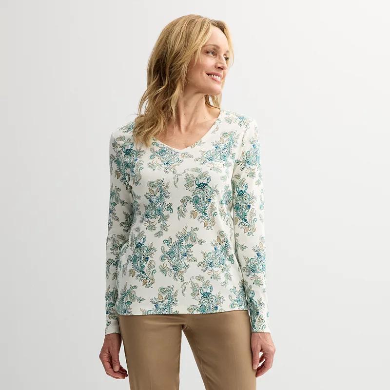 Petite Croft & Barrow® Essential Long-Sleeve V-Neck Top, Women's, Size: Medium Petite, Ivory Chic Paisley Product Image