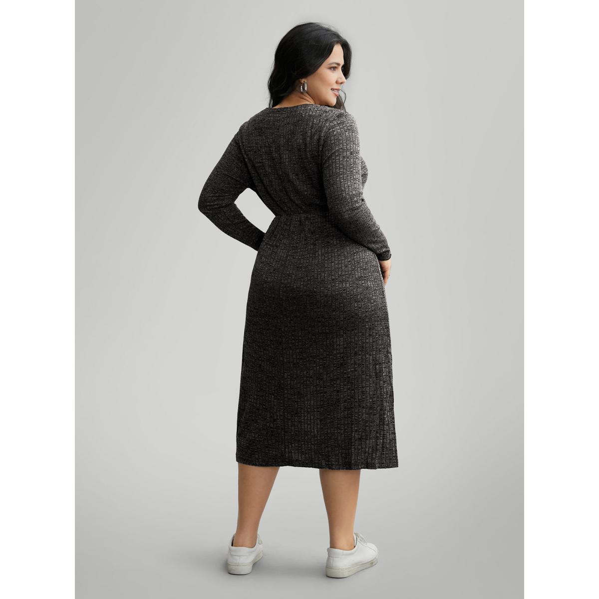 Plus Size Crew Neck Button Detail Split Hem Dress Black Women Casual Texture Round Neck Long Sleeve Curvy BloomChic 22-24/3X Product Image