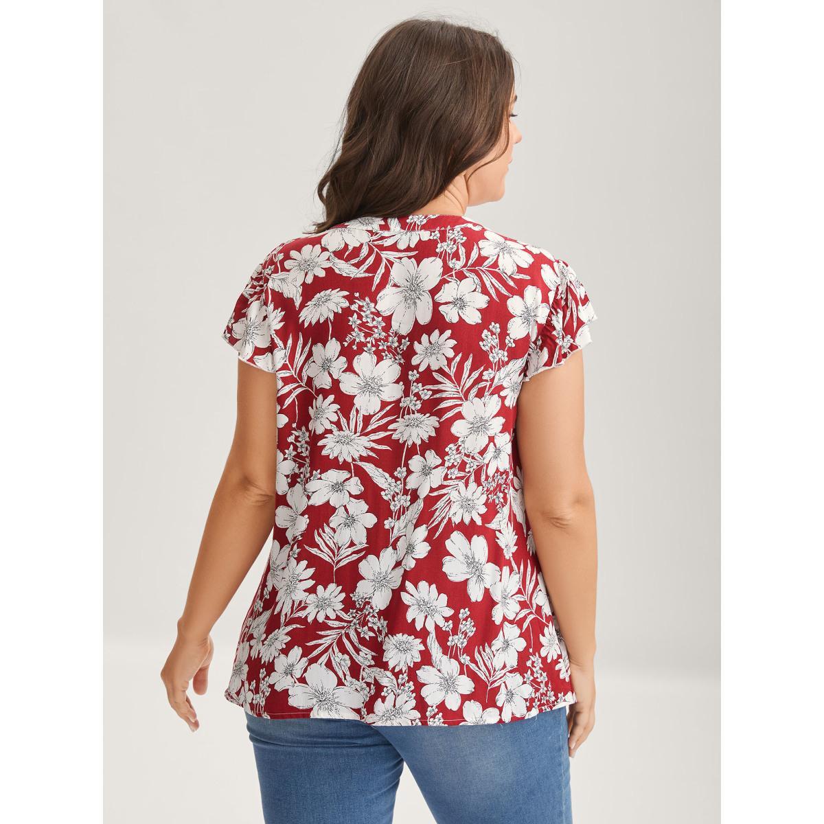 Plus Size Scarlet Silhouette Floral Toothpick Pleat Blouse Women Cap Sleeve Flat collar with V-notch Everyday-Elegant Blouses BloomChic 14-16/1X Product Image