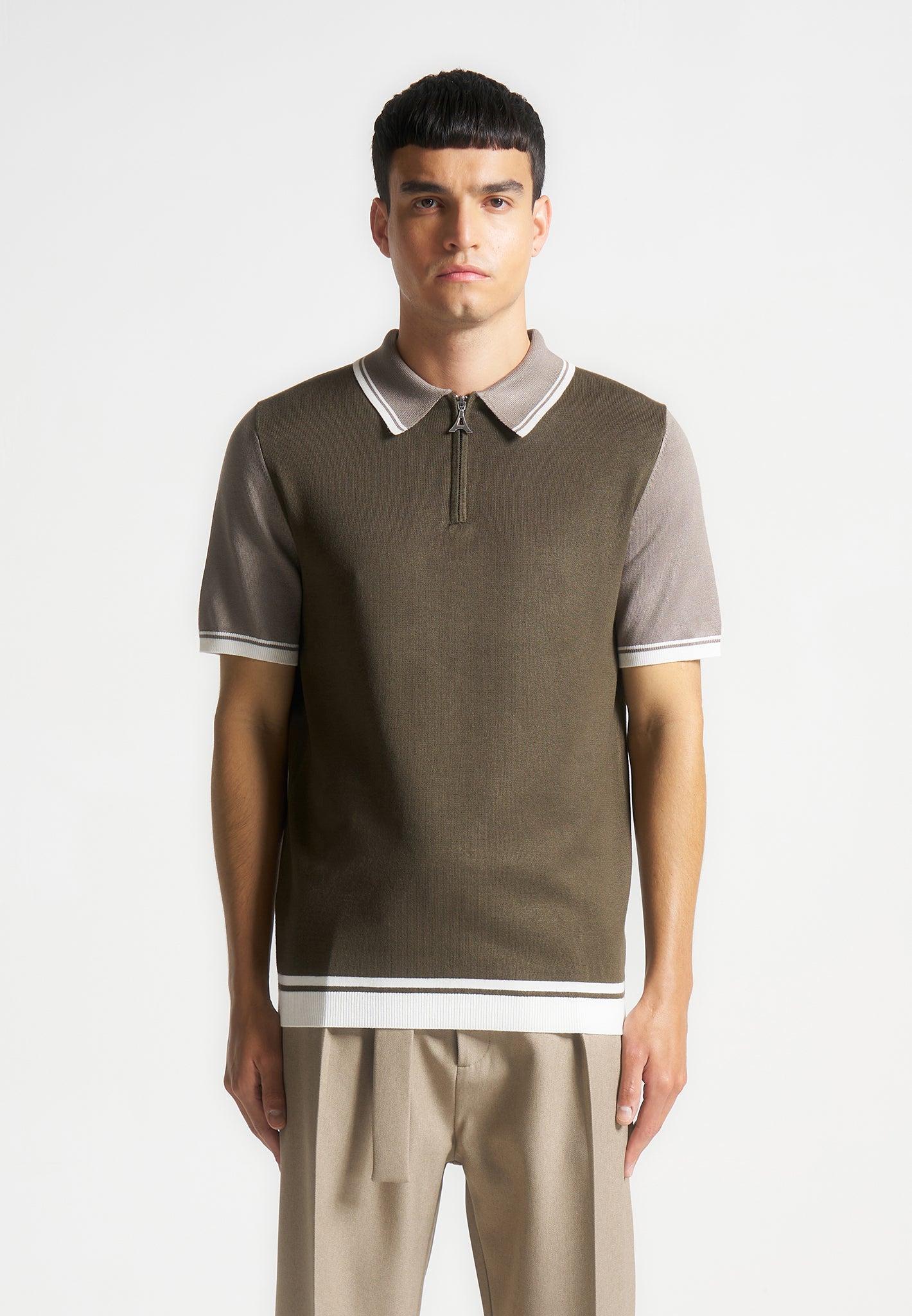 Colour Block Zip Polo Shirt - Khaki Male Product Image