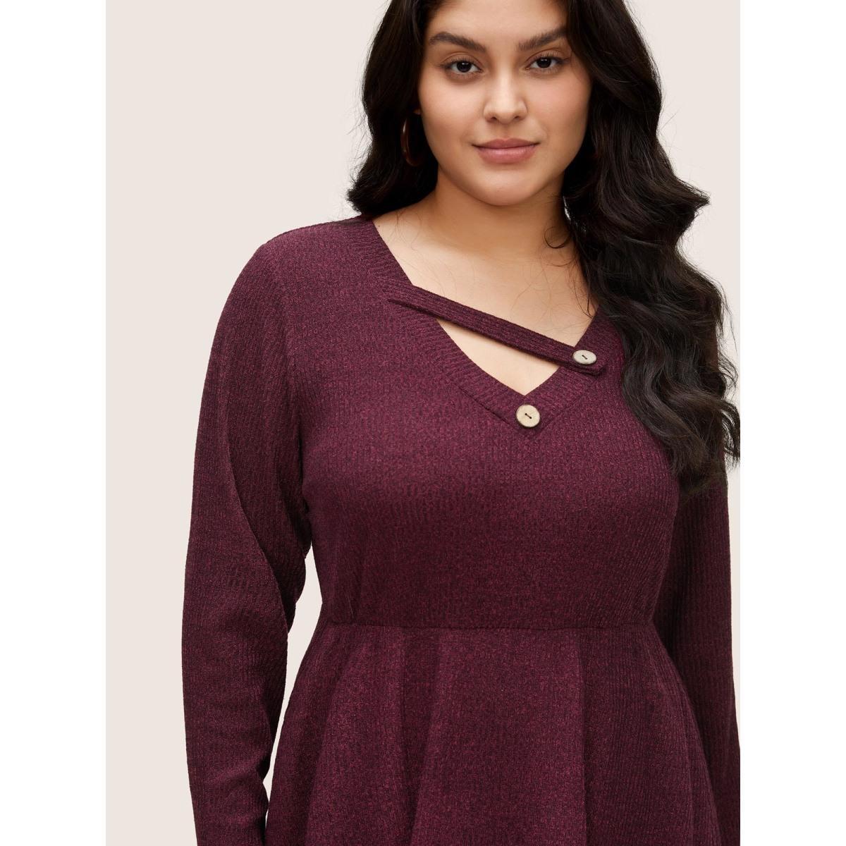 Plus Size Rib Knit Cut Out Button Detail Asymmetrical Neck Dress Maroon Women Casual Rib Knit Asymmetrical Neck Long Sleeve Curvy Knee Dress BloomChic 12/L Product Image