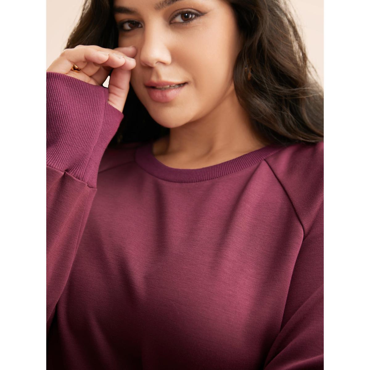 Plus Size Solid Raglan Sleeve Slit Hem Sweatshirt Women Plum Casual Slit Loose Non Everyday Sweatshirts BloomChic 18-20/2X Product Image