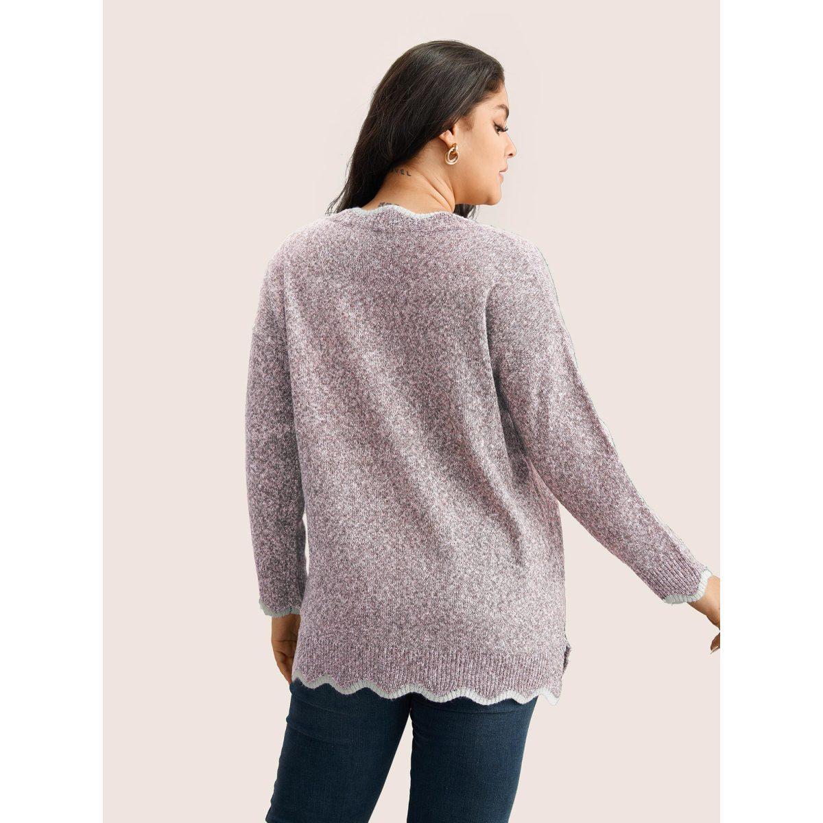 Plus Size Contrast Split Side Scalloped Trim Pullover MistyRose Women Casual Long Sleeve V-neck Everyday Pullovers BloomChic 22-24/3X Product Image