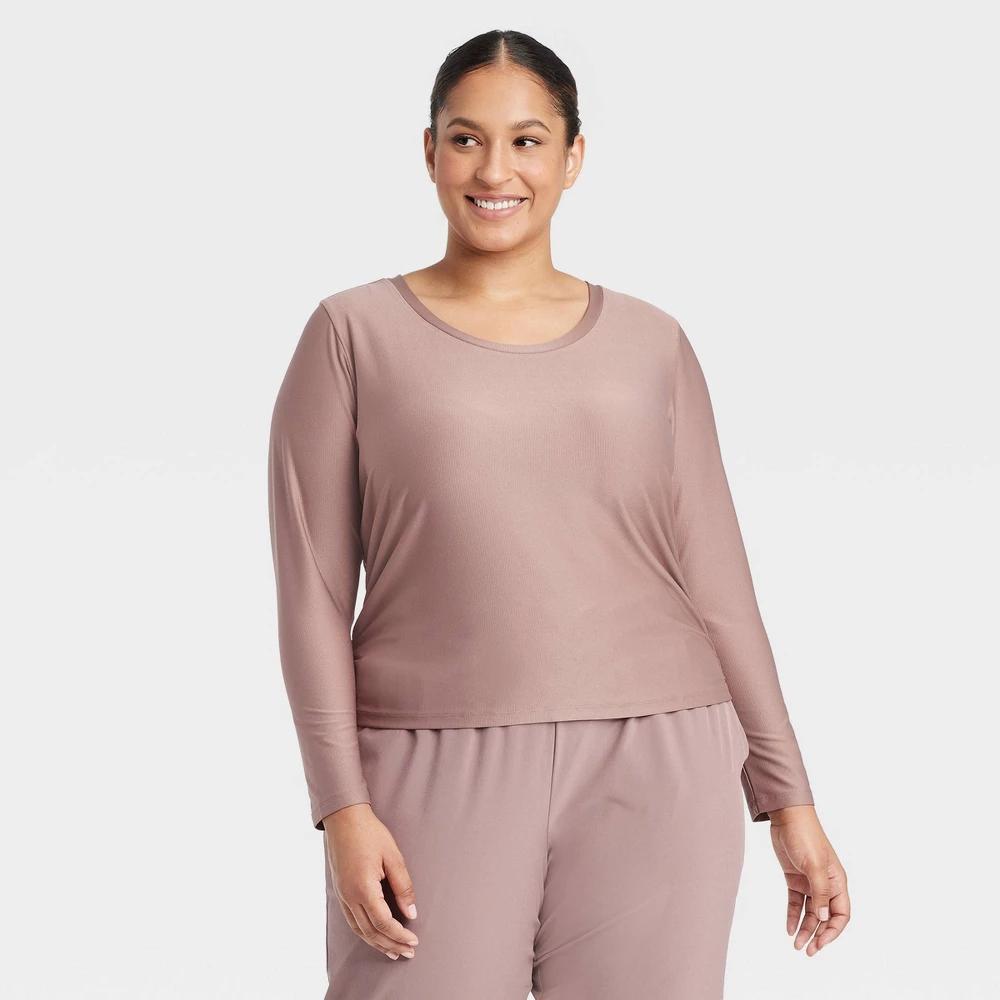 Womens Ribbed Side-Cinch Long Sleeve Top - All In Motion Light Brown 2X: Moisture Wicking, Quick Drying Product Image