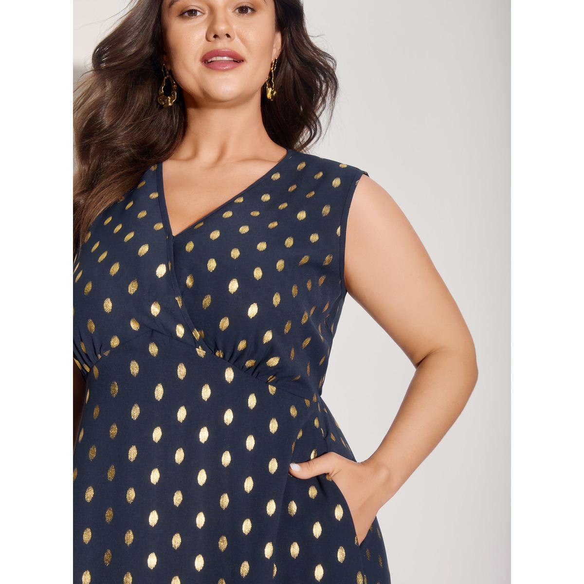 Plus Size Gold Polka Dots Waist-Defining Midi Dress Indigo Women Overlapping Overlap Collar Sleeveless Curvy BloomChic 18-20/2X Product Image