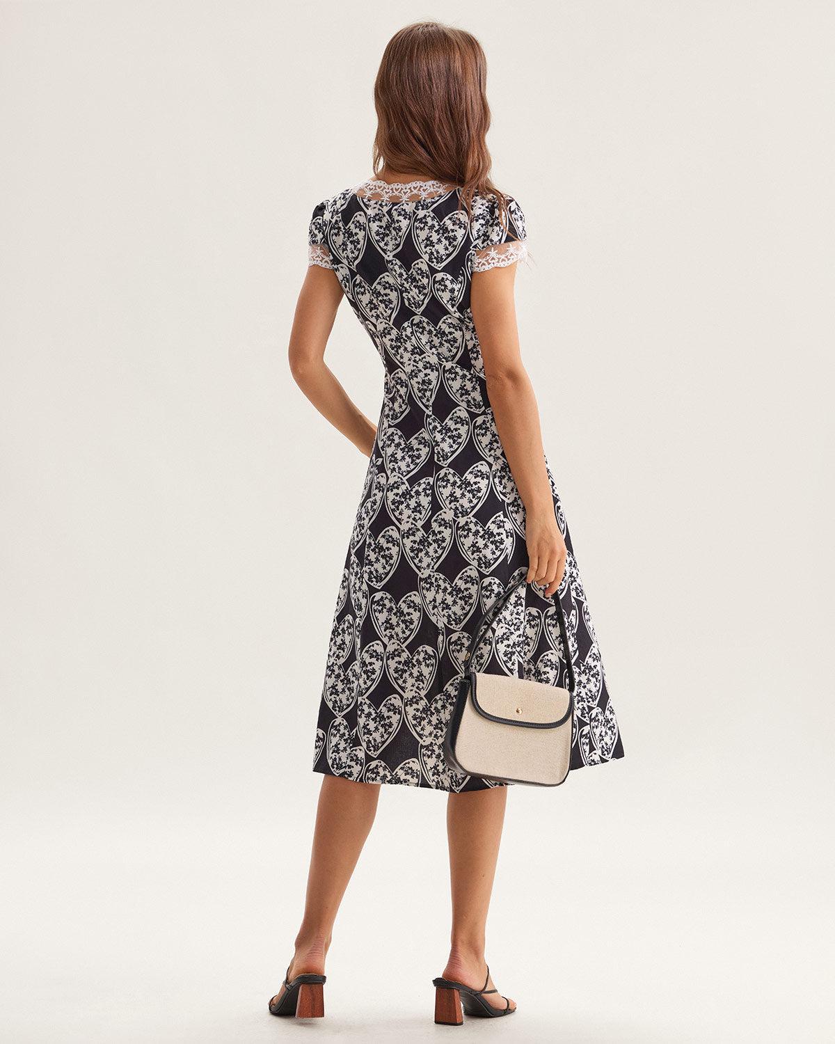 Black Floral Lace Trim Midi Dress Product Image