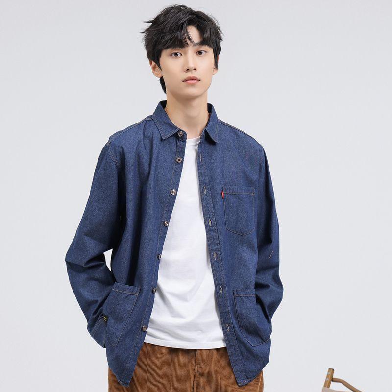Long Sleeve Collared Washed Denim Shirt Product Image