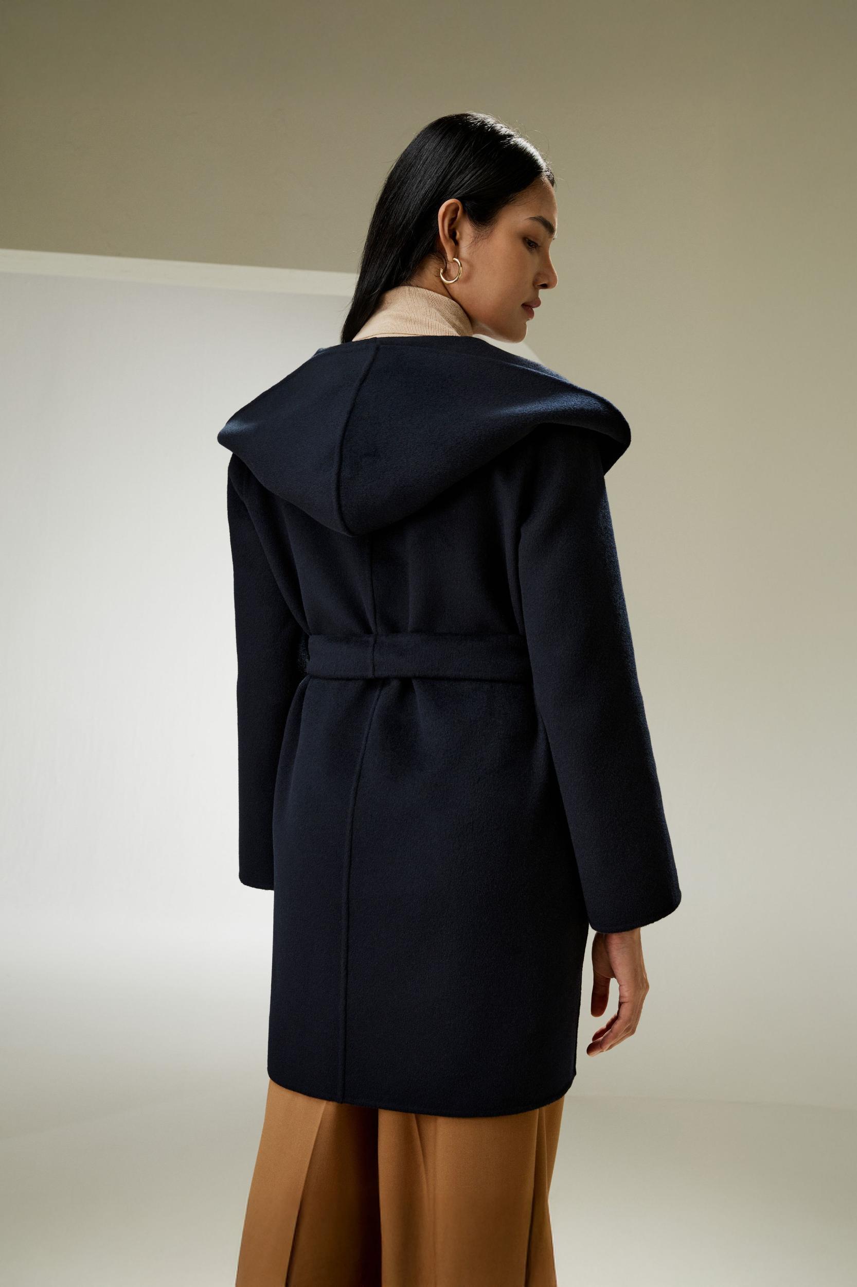 Cashmere-Wool-Blend Belted Short Hooded Coat Product Image