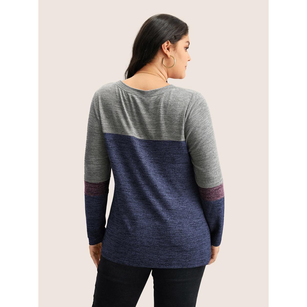 Plus Size Heather Colorblock Contrast Crew Neck T-shirt Blue Women Casual Texture Plain Round Neck Everyday T-shirts BloomChic 28/5X Product Image