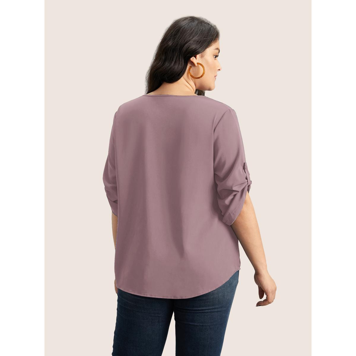 Plus Size Mauve V Neck Plain Pleated Tab Sleeve Blouse Women At the Office Elbow-length sleeve V-neck Work Blouses BloomChic 26/4X Product Image