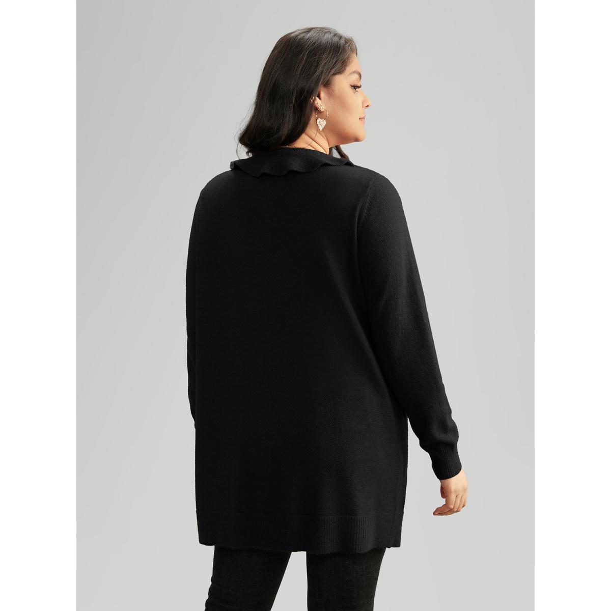 Plus Size Supersoft Essentials Solid Ruffle Trim Ties Cardigan Black Women Elegant Long Sleeve Everyday Cardigans BloomChic 22-24/3X Product Image