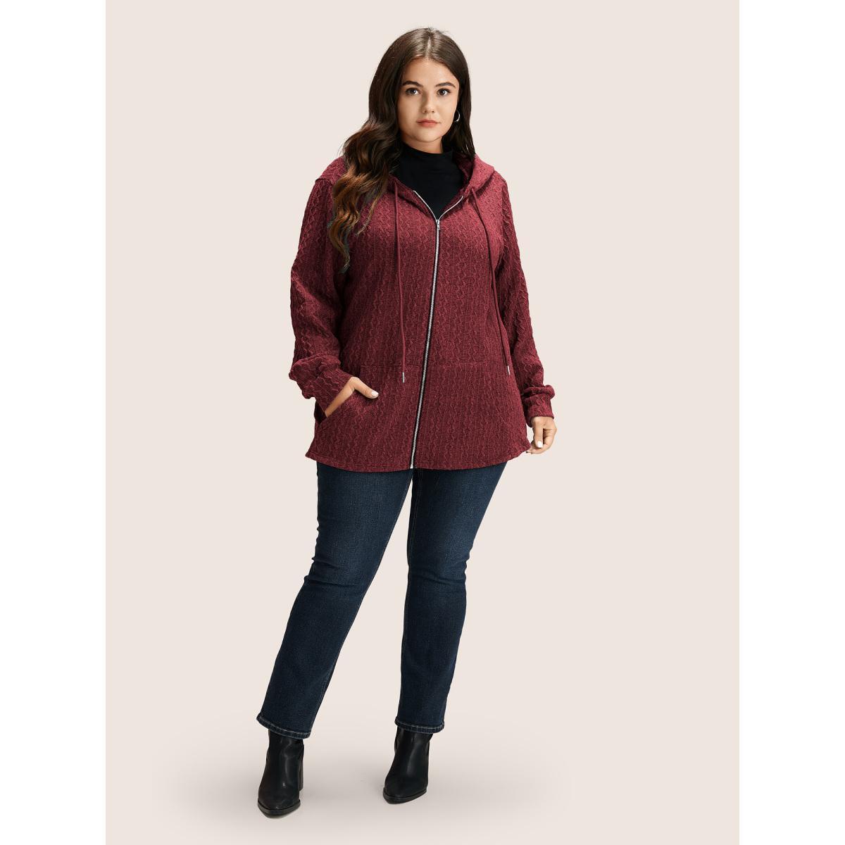 Plus Size Plain Textured Zipper Hooded Sweatshirt Women Burgundy Casual Non Hooded Everyday Sweatshirts BloomChic 30/6X Product Image