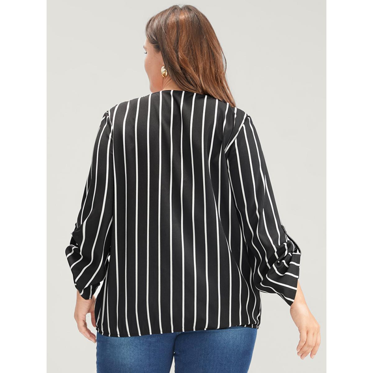 Plus Size Black Striped Wrap Cuffed Sleeve Blouse Women Office Long Sleeve V-neck Work Blouses BloomChic 18-20/2X Product Image