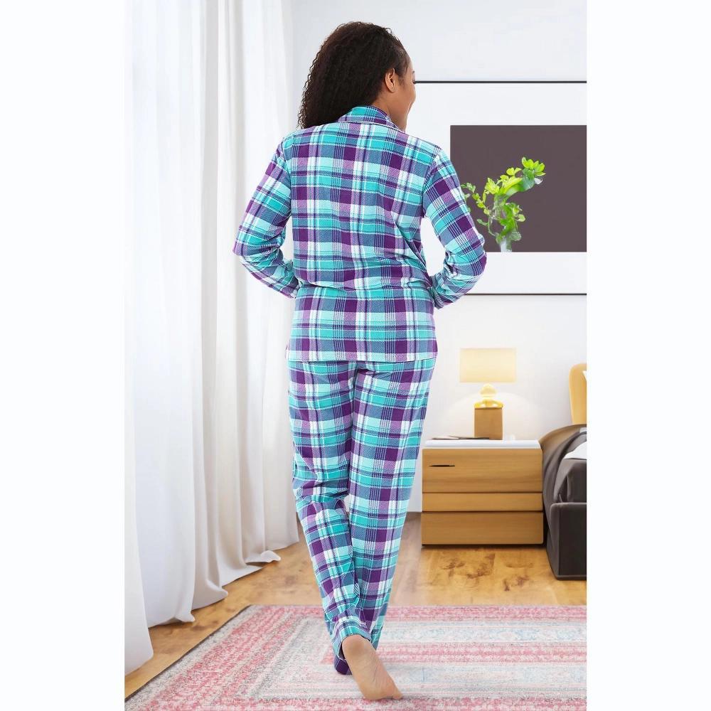 ADR Women's Plush Fleece Pajamas Set, Button Down Winter PJ Set Purple and Teal Plaid Small Product Image