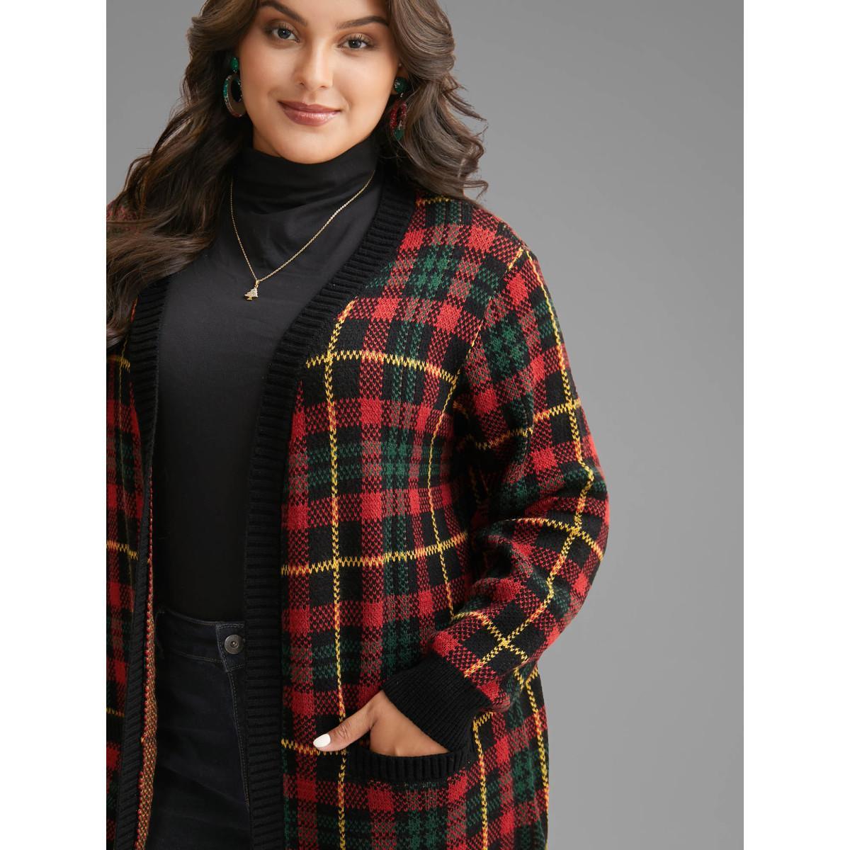 Plus Size Holiday Plaid V-neck Open Cardigan Black Women Casual Loose Long Sleeve Everyday Cardigans BloomChic 26/4X Product Image