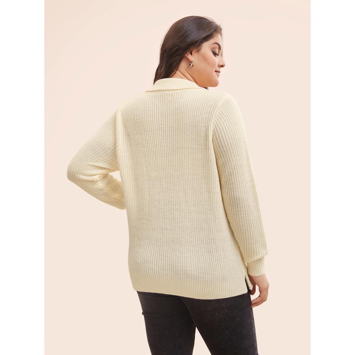 Plus Size Hand Crocheted Polo Collared Pullover Beige Women Casual Long Sleeve Polo Everyday Pullovers BloomChic 30/6X Product Image