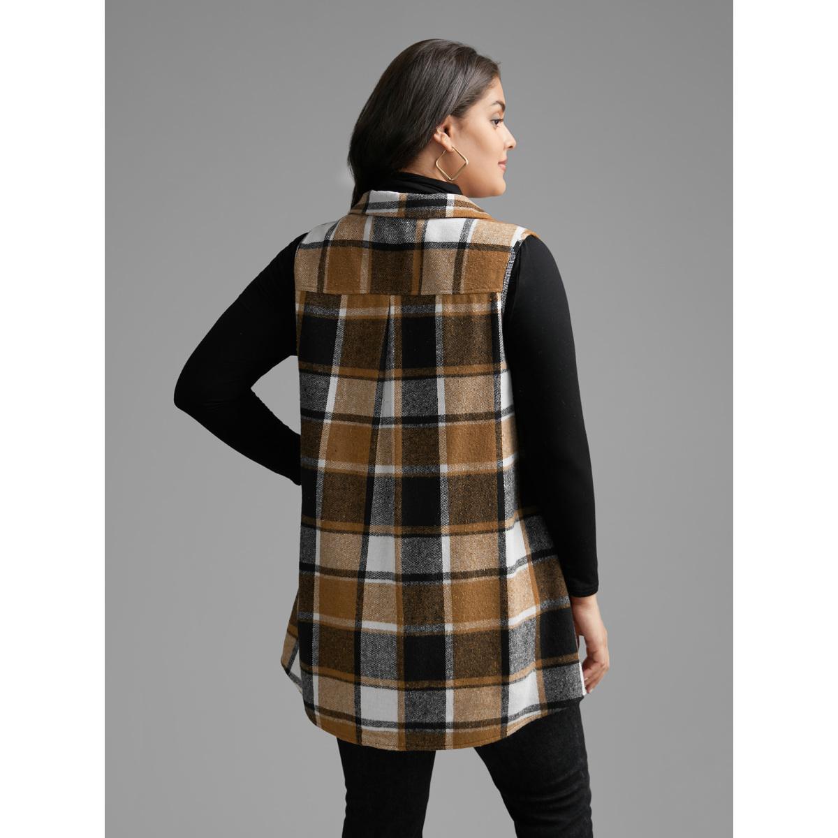 Plus Size Plaid Flap Detail Sleeveless Jacket Women Yellowishbrown Button Side seam pocket Everyday Jackets BloomChic 10/M Product Image