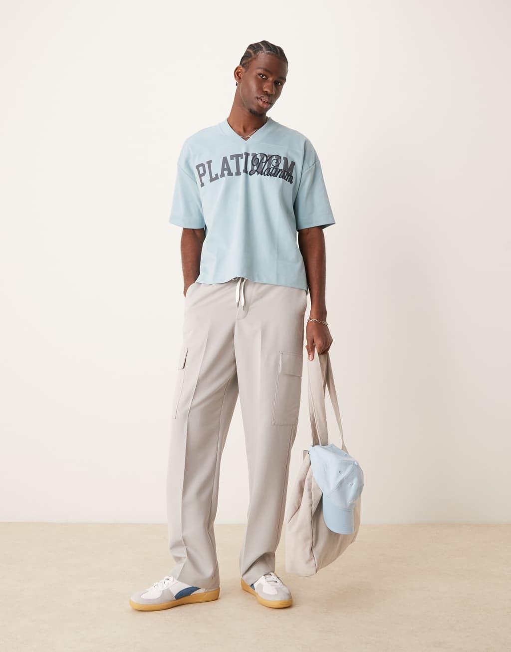 ASOS DESIGN boxy oversized t-shirt in premium heavyweight cut and sew blue with chest print Product Image