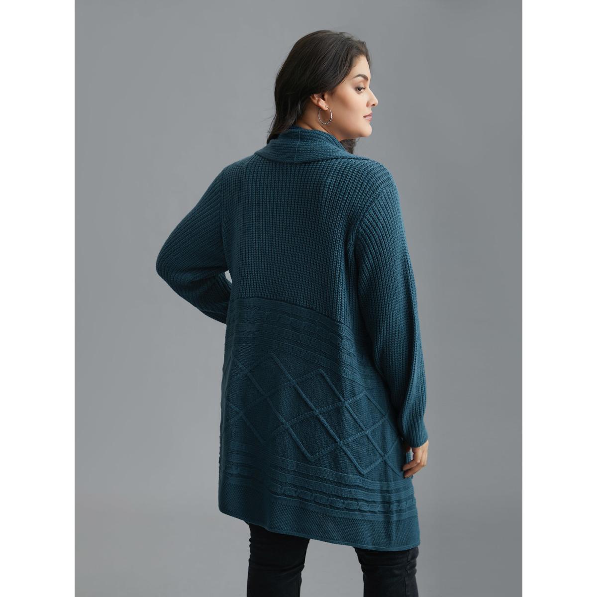 Plus Size Cable Knit Asymmetrical Hem Open-Front Cardigan Cyan Women Casual Loose Long Sleeve Everyday Cardigans BloomChic 10/M Product Image