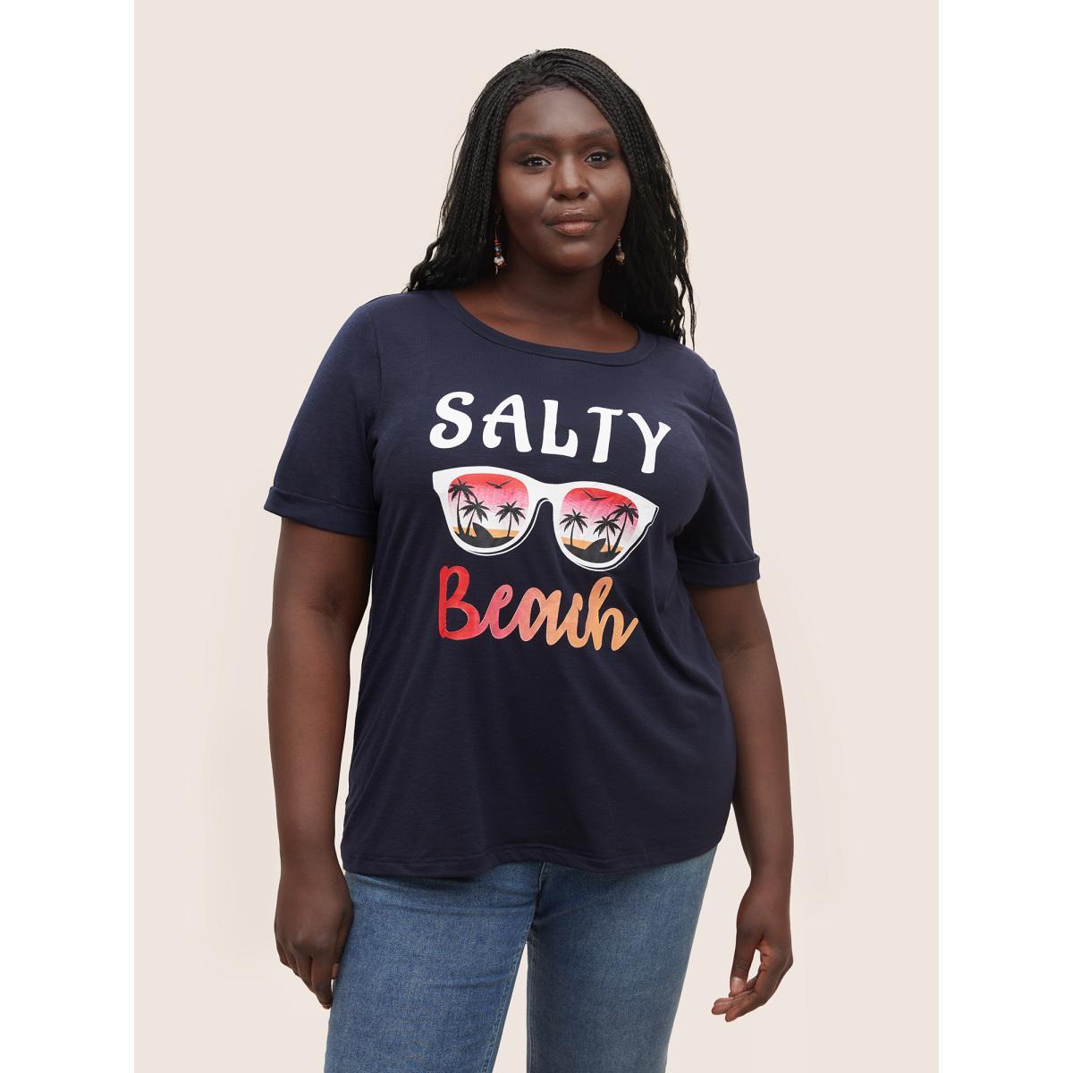 Plus Size Vacation Tropical Print Round Neck T-shirt Midnight Women Resort Non Tropical Vacation T-shirts BloomChic 10/M Product Image