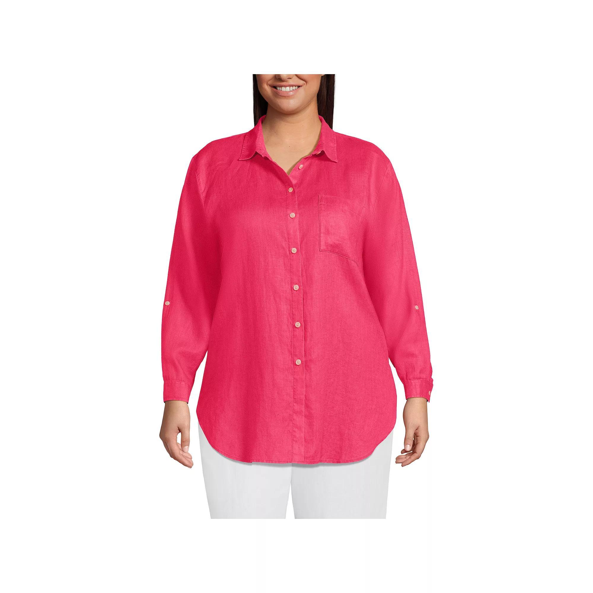 Plus Size Lands' End Linen Roll Sleeve Relaxed-Fit Tunic, Women's, Size: 2XL, Island Green Product Image