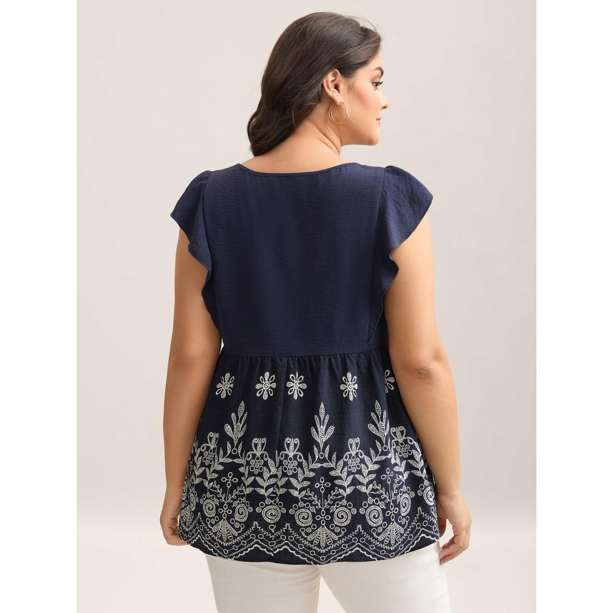 Plus Size Midnight Floral Boho Print Ruffled Plain Blouse Women Cap Sleeve Round Neck Everyday-Elegant Blouses BloomChic 30/6X Product Image