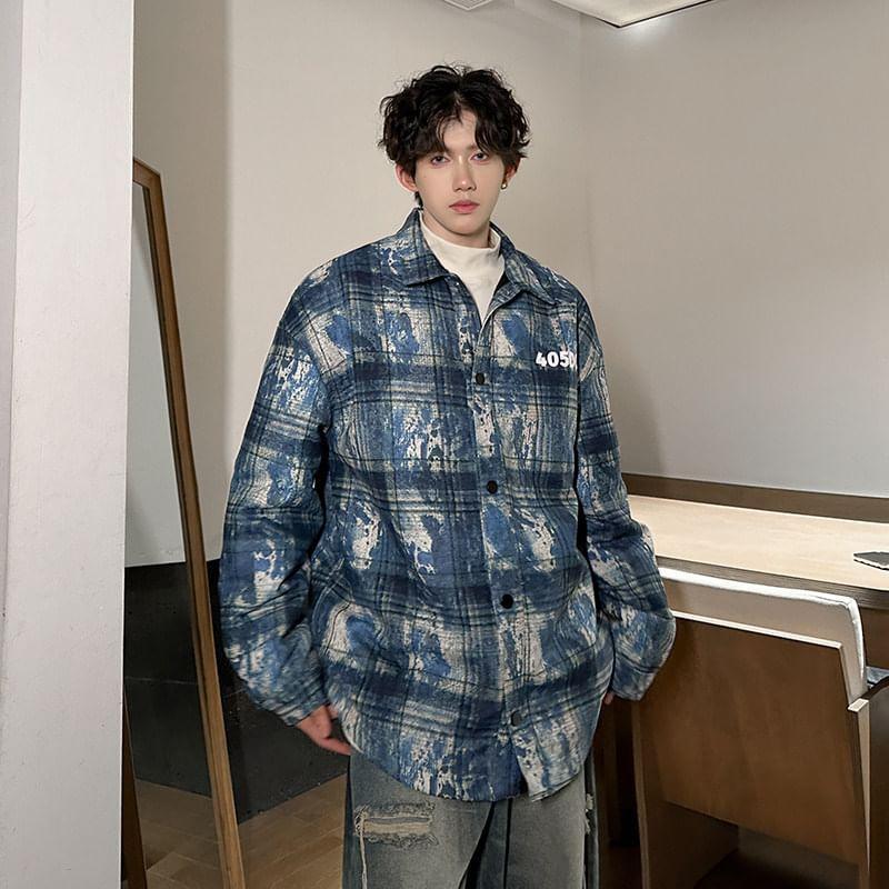 Collared Plaid Numbering Print Button Shacket Product Image