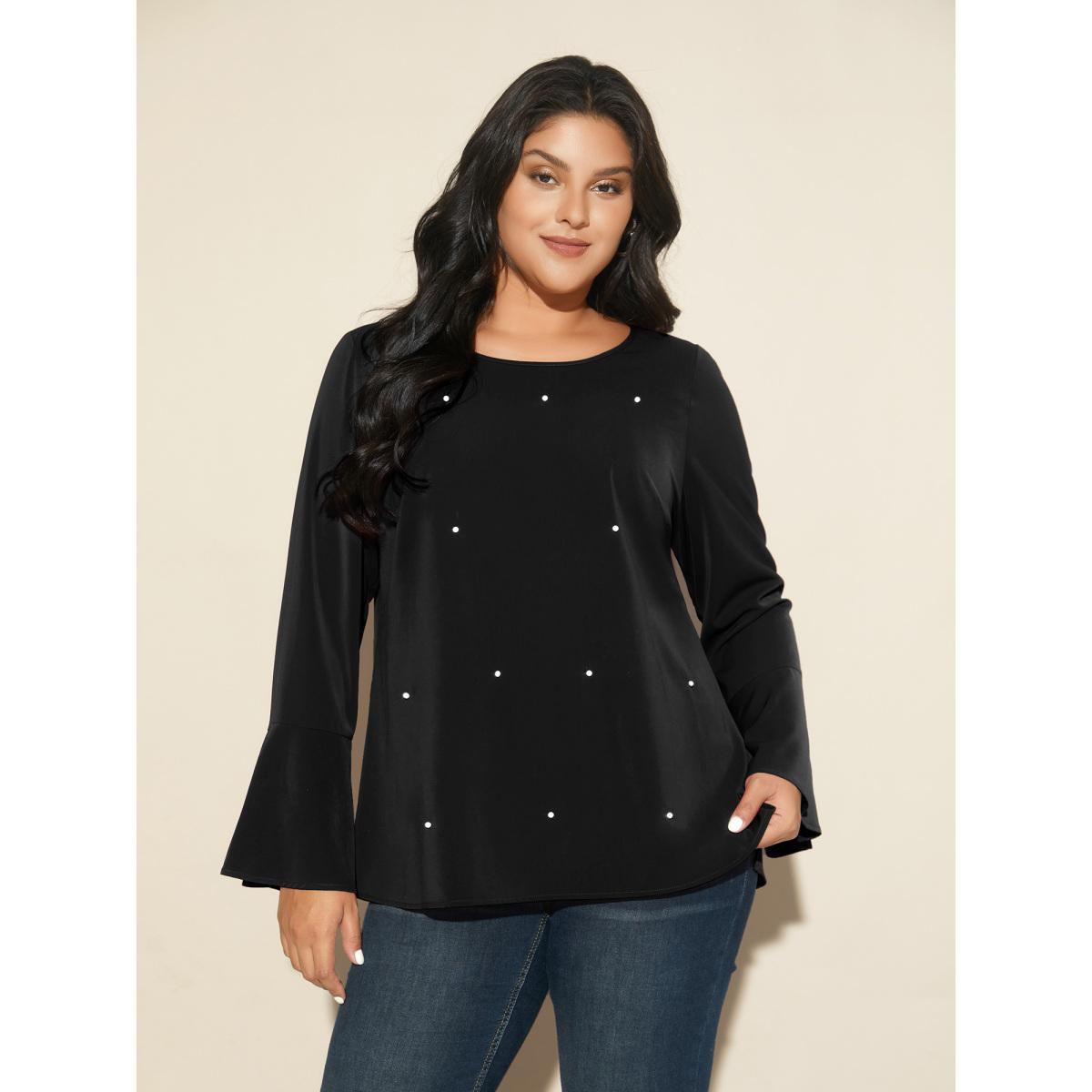 Plus Size Black Beaded Embellished Bell Sleeves Blouse Women Cocktail Long Sleeve Round Neck Party Blouses BloomChic 30/6X Product Image
