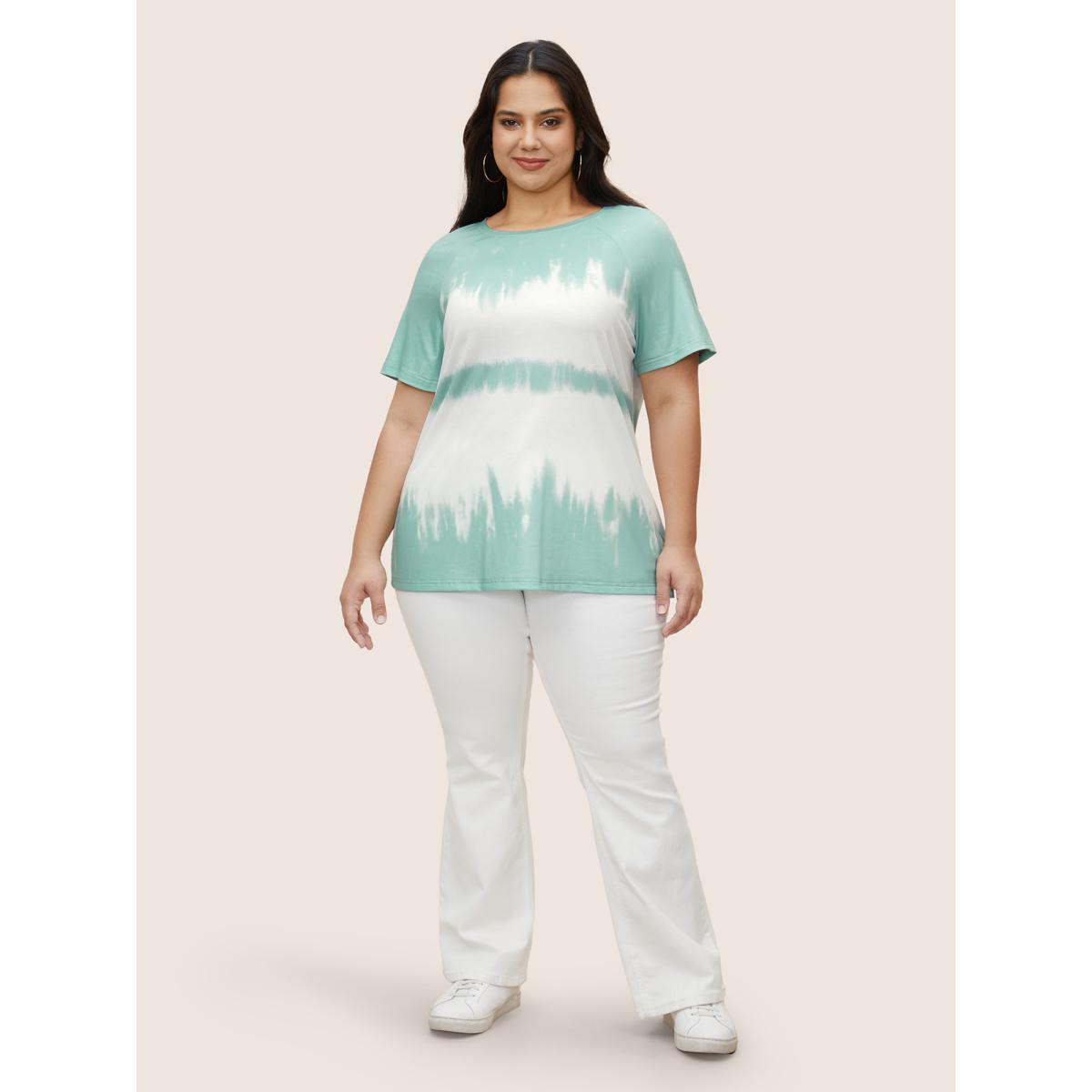 Plus Size Tie Dye Round Neck Raglan Sleeve T-shirt Mint Women Casual Contrast Round Neck Everyday T-shirts BloomChic 26/4X Product Image