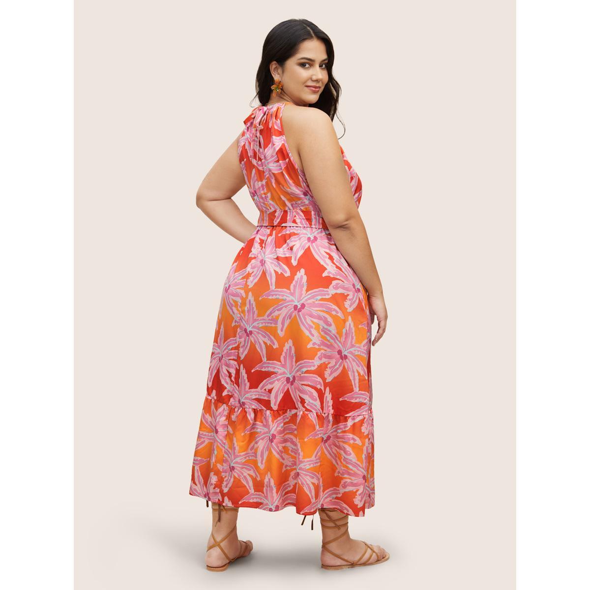 Plus Size Tropical Hand Painted Halter Belt Gathered Dress Pink Women Resort Gathered Halter neck Sleeveless Curvy BloomChic 10/M Product Image