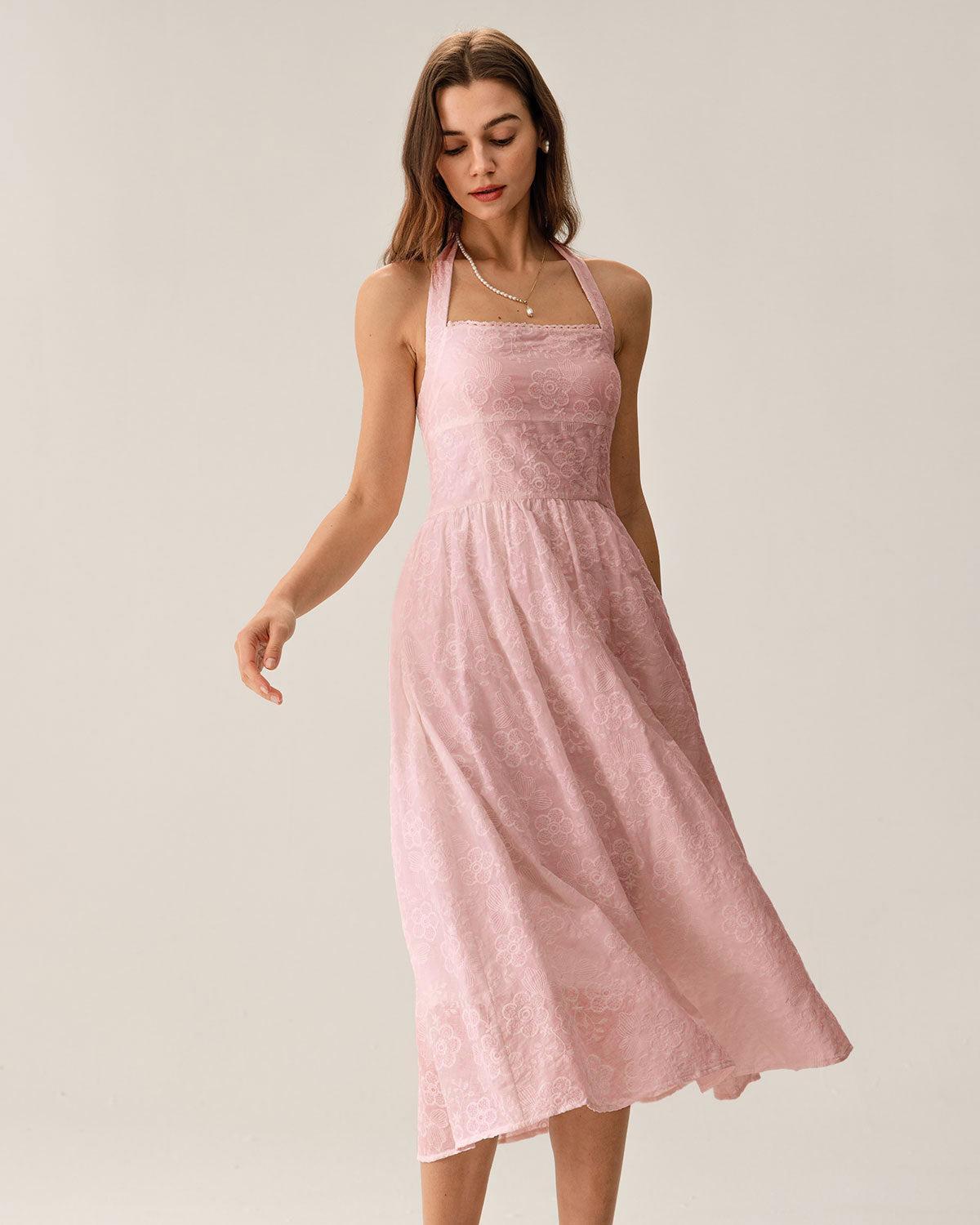 Pink Embroidery Halter Midi Dress Product Image