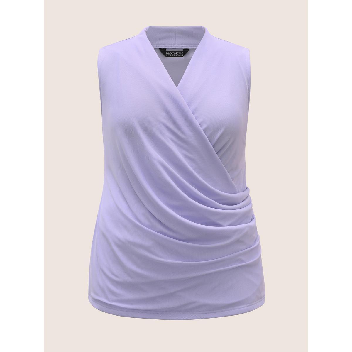 Plus Size Overlap Collar Solid Pleated Tank Top Women Lavender Elegant Pleated Overlap Collar Everyday Tank Tops Camis BloomChic 14-16/1X Product Image