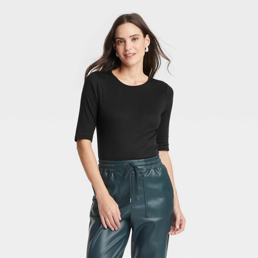 Women's Slim Fit Elbow Sleeve T-Shirt - A New Day™ Black XS: Crew Neck, Pullover Style Product Image