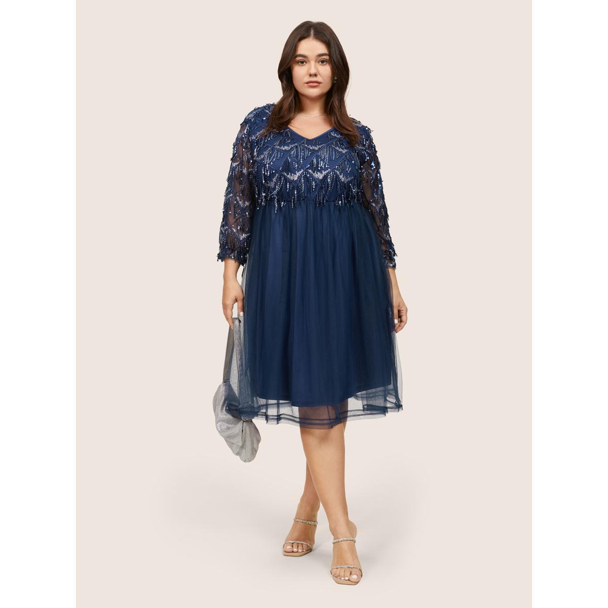 Plus Size Sequin Tassels Plisse Patchwork Mesh Knee Dress DarkBlue Women Cocktail Sequin V-neck Elbow-length sleeve Curvy Midi Dress BloomChic 18-20/2X Product Image