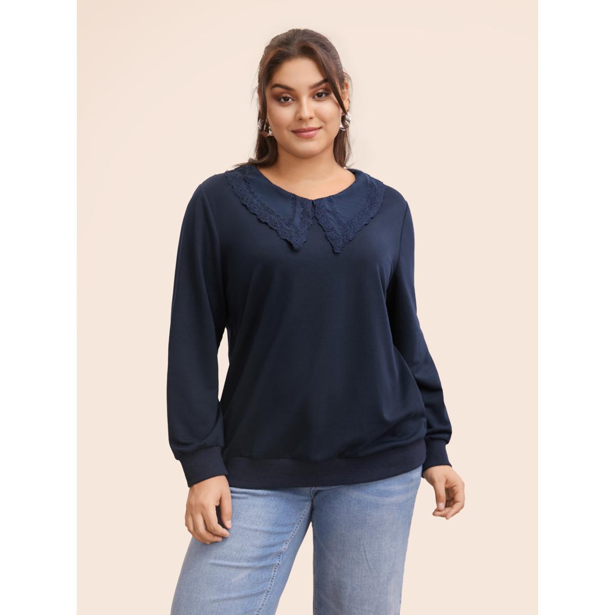 Plus Size Solid Peter Pan Collar Patchwork Sweatshirt Women Indigo Casual Patchwork Peter Pan collar Everyday Sweatshirts BloomChic 10/M Product Image