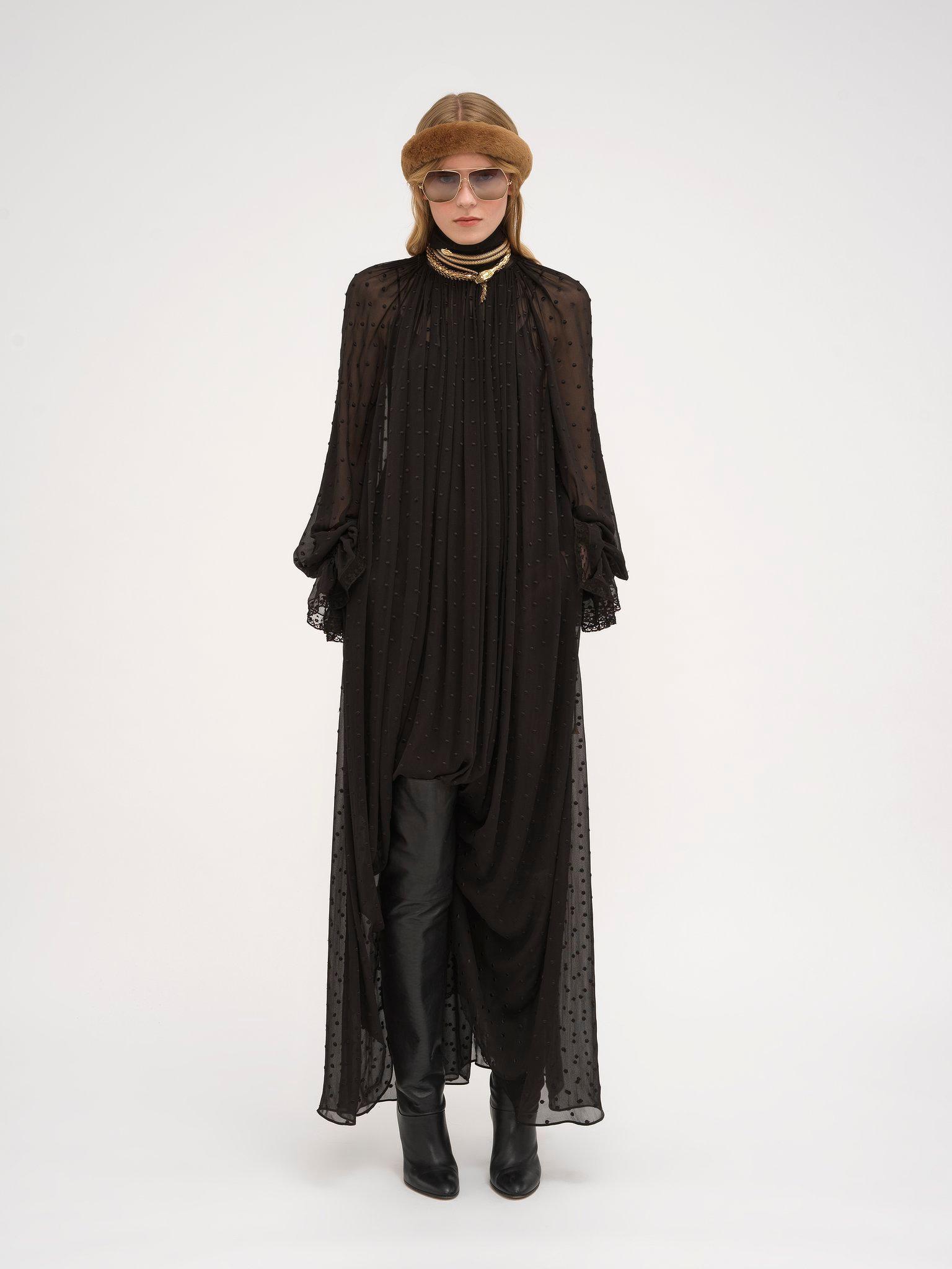 Gathered long dress in silk georgette plumetis Product Image