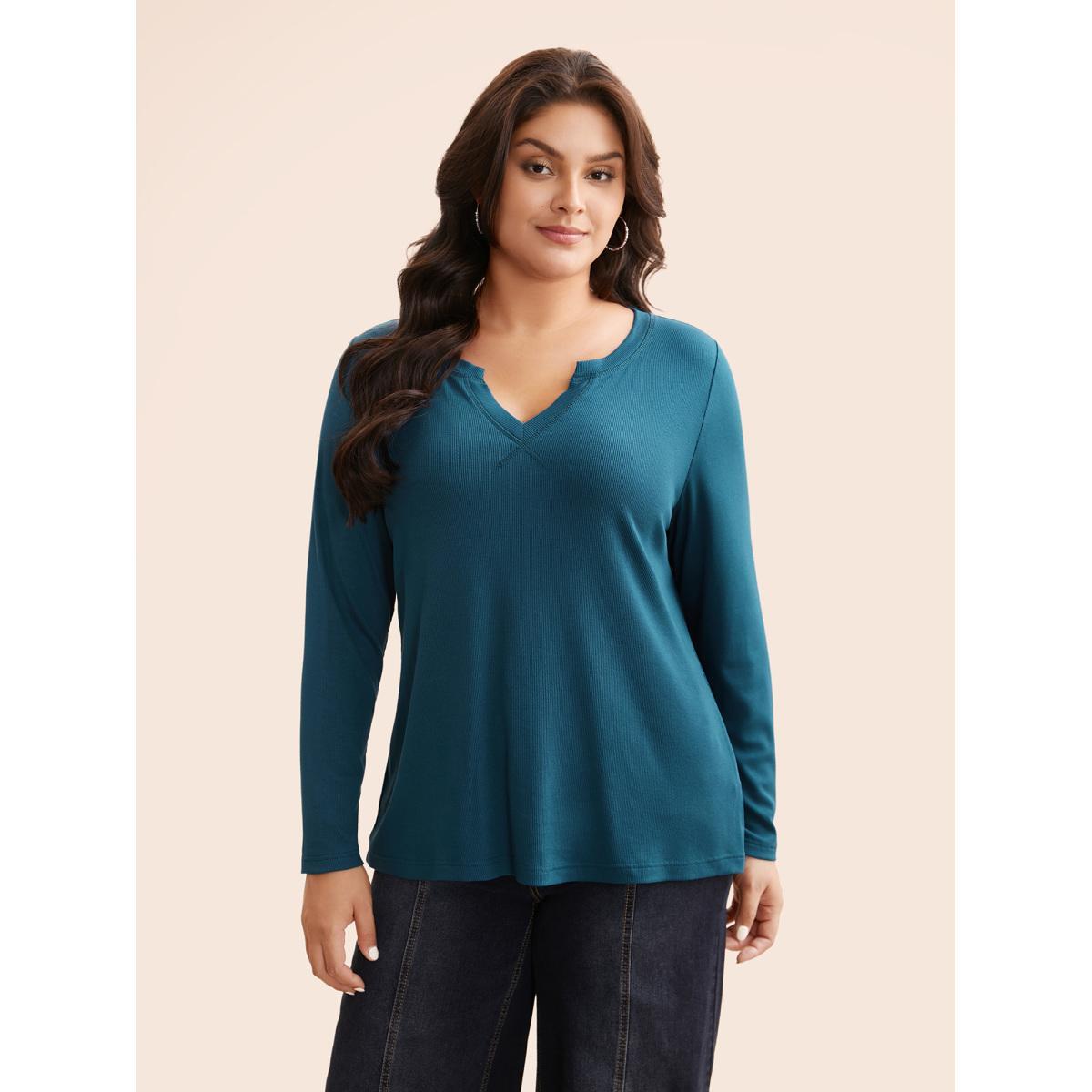 Plus Size Solid Notched Collar Rib Knit T-shirt Aegean Women Casual Texture Notched collar Everyday T-shirts BloomChic 22-24/3X Product Image
