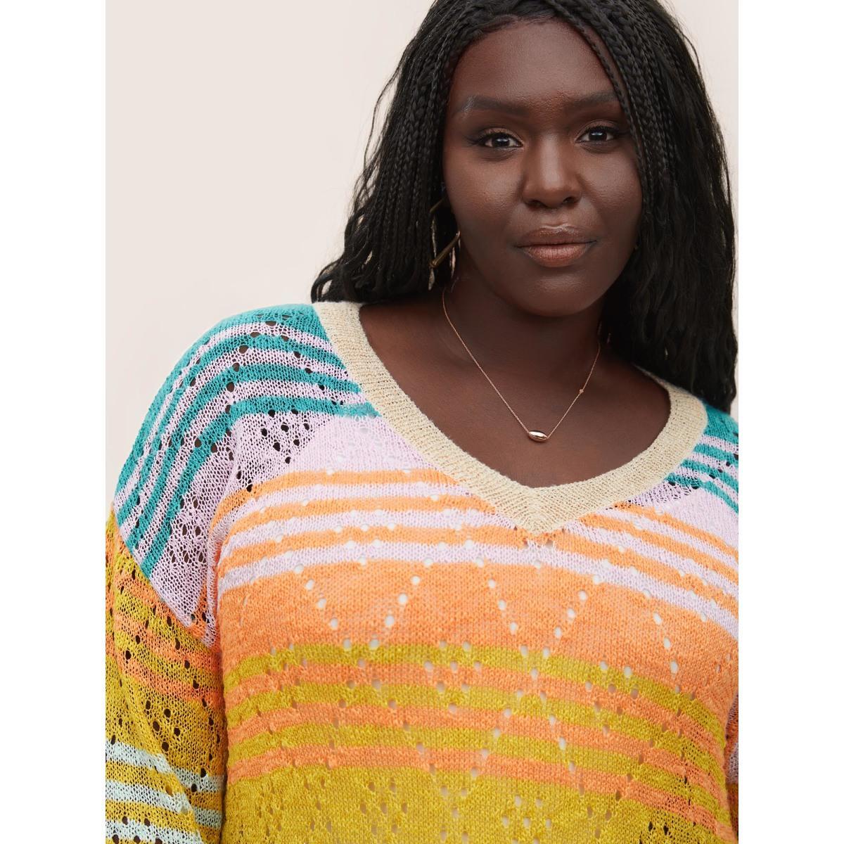 Plus Size Color Striped Hollow Out Pullover Multicolor Women Casual Long Sleeve V-neck Everyday Pullovers BloomChic 14-16/1X Product Image