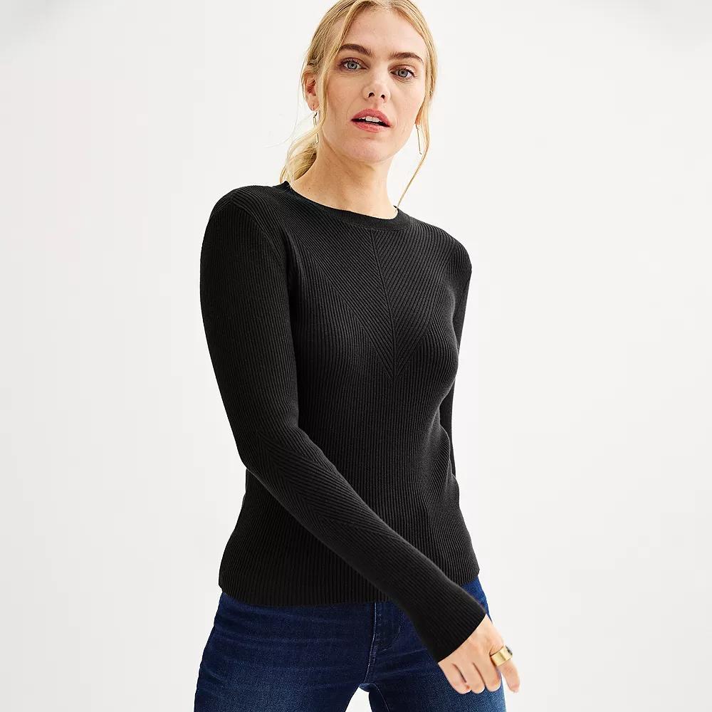 Petite Nine West Crewneck Rib Pullover, Women's, Size: XXL Petite, Mineral Black Product Image