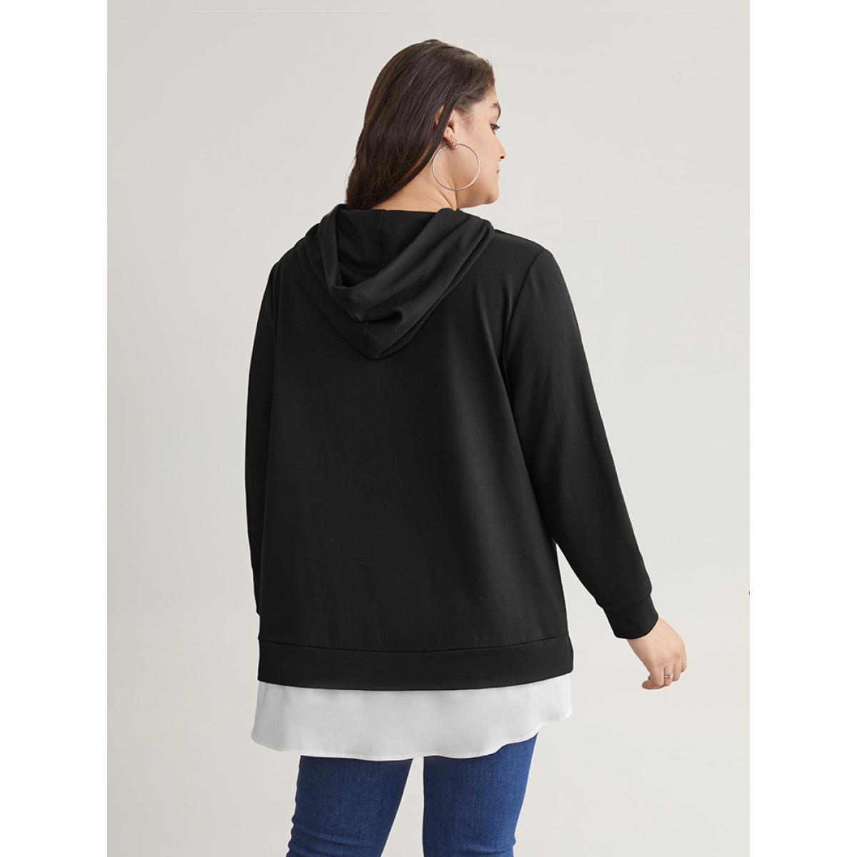 Plus Size 2-In-1 Patchwork Contrast Hooded Sweatshirt Women Black Casual Contrast Hooded Dailywear Sweatshirts BloomChic 12/L Product Image