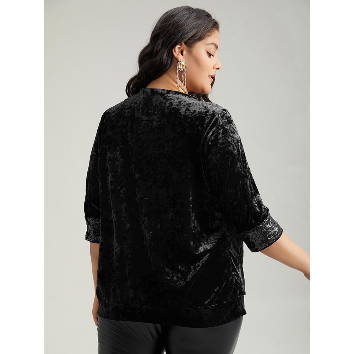 Plus Size Black Cowl Neck 2-In-1 Sequin Patchwork Blouse Women Cocktail Elbow-length sleeve Cowl Neck Party Blouses BloomChic 14-16/1X Product Image