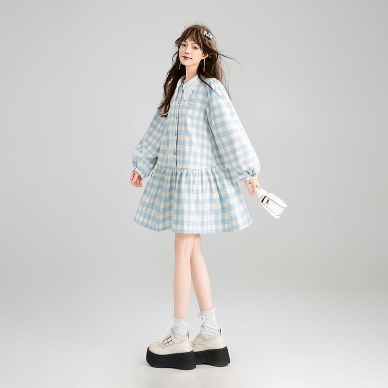 Long Sleeve Lace Collar Plaid Button Mini A-Line Dress Product Image