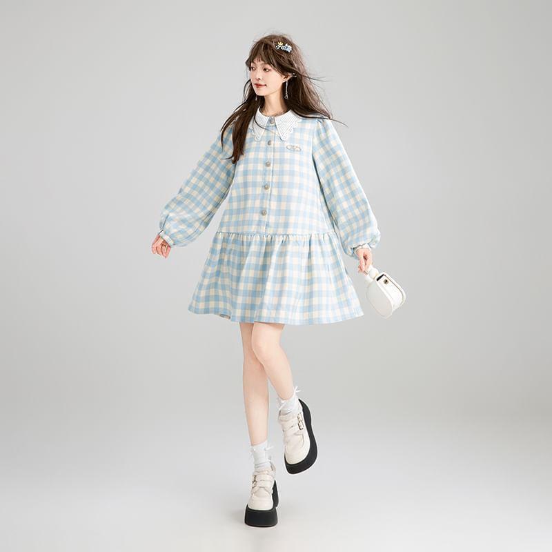 Long Sleeve Lace Collar Plaid Button Mini A-Line Dress Product Image