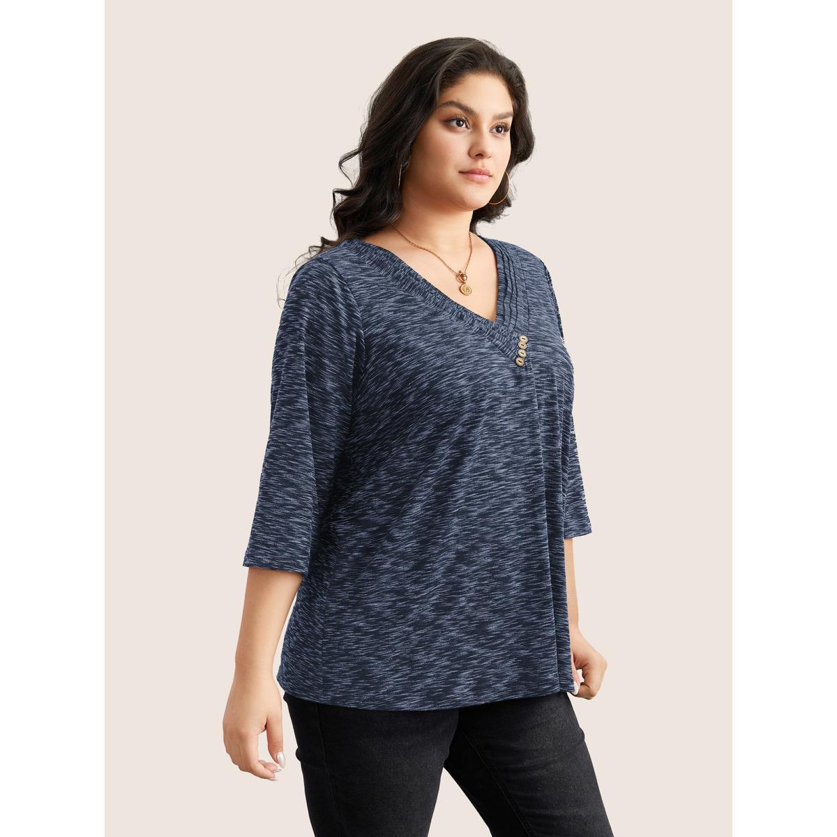 Plus Size Heather Pleated Button Detail T-shirt Blue Women Casual Pleated Plain V-neck Everyday T-shirts BloomChic 22-24/3X Product Image