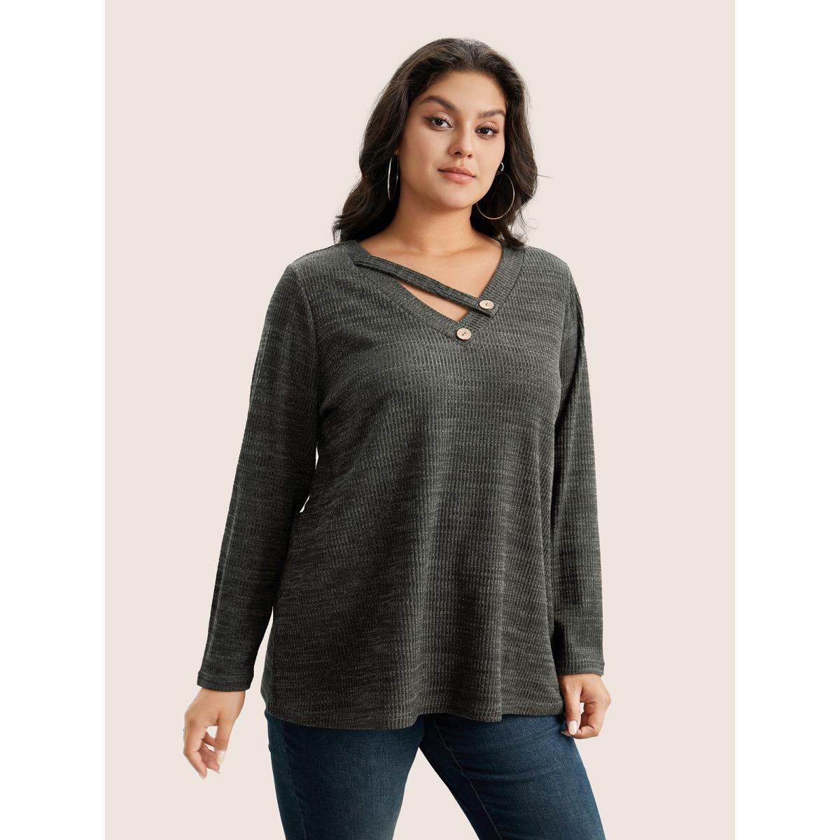 Plus Size Solid Rib Knit Button Detail T-shirt Gray Women Casual Non Plain V-neck Everyday T-shirts BloomChic 12/L Product Image