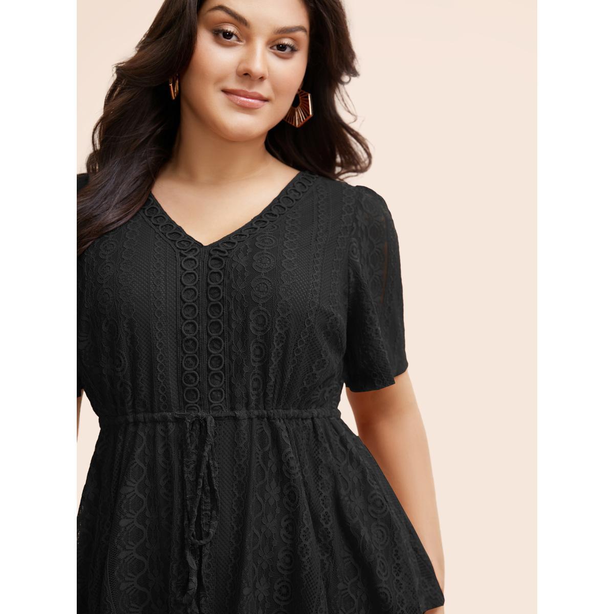 Plus Size DarkGreen V Neck Lace Panel Drawstring Blouse Women Elegant Short sleeve V-neck Everyday Blouses BloomChic 30/6X Product Image