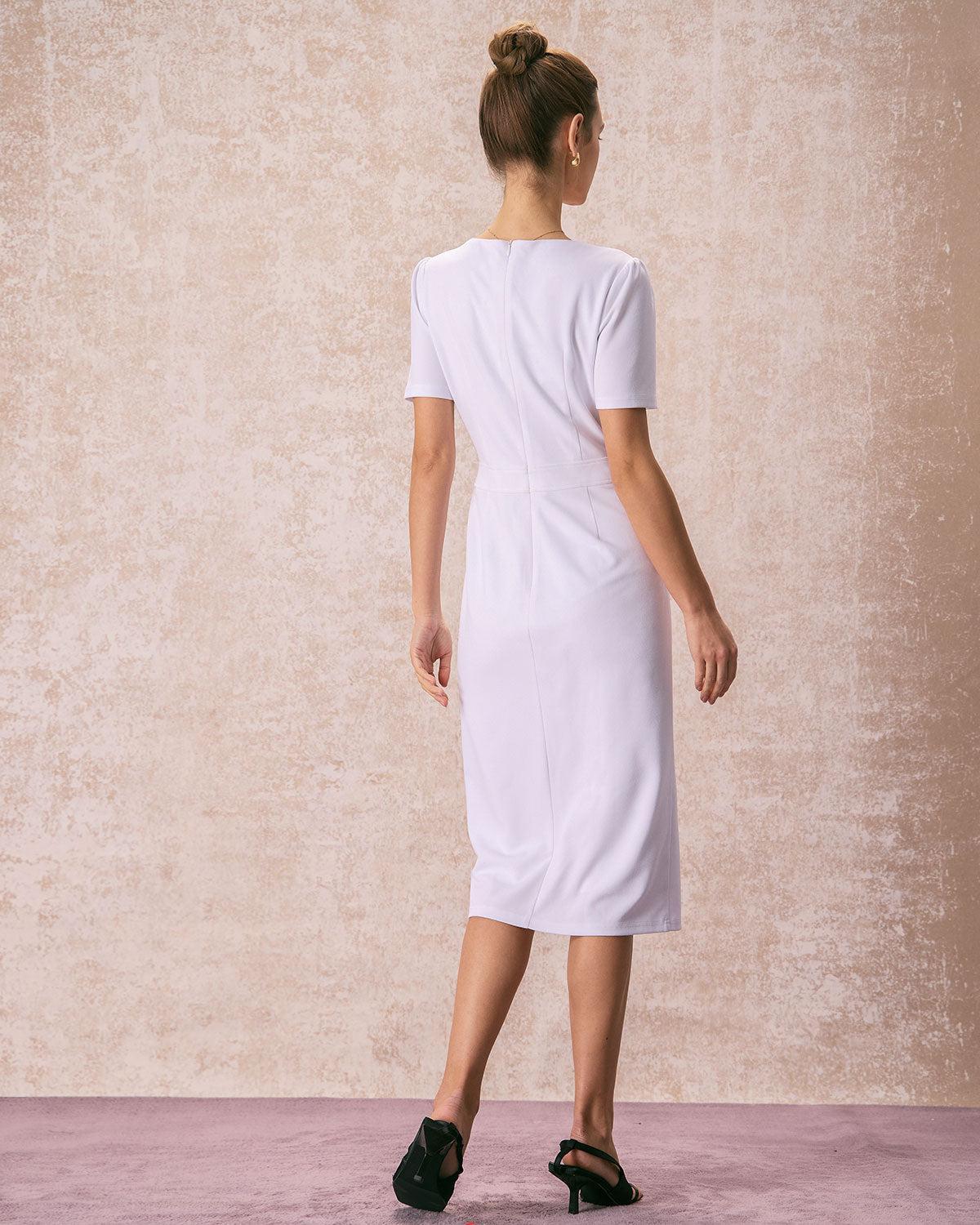 The White Square Neck Buttoned Midi Dress Product Image