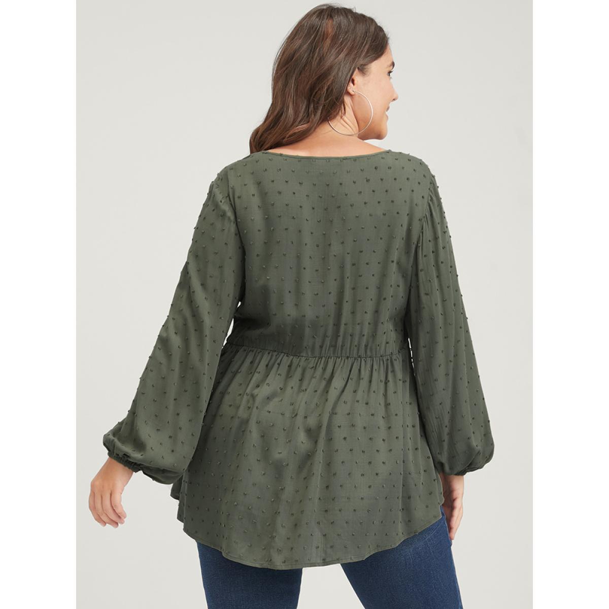 Plus Size ArmyGreen Polka Dot Flutter Button Detail Lantern Sleeve Blouse Women Elegant Long Sleeve V-neck Dailywear Blouses BloomChic 30/6X Product Image